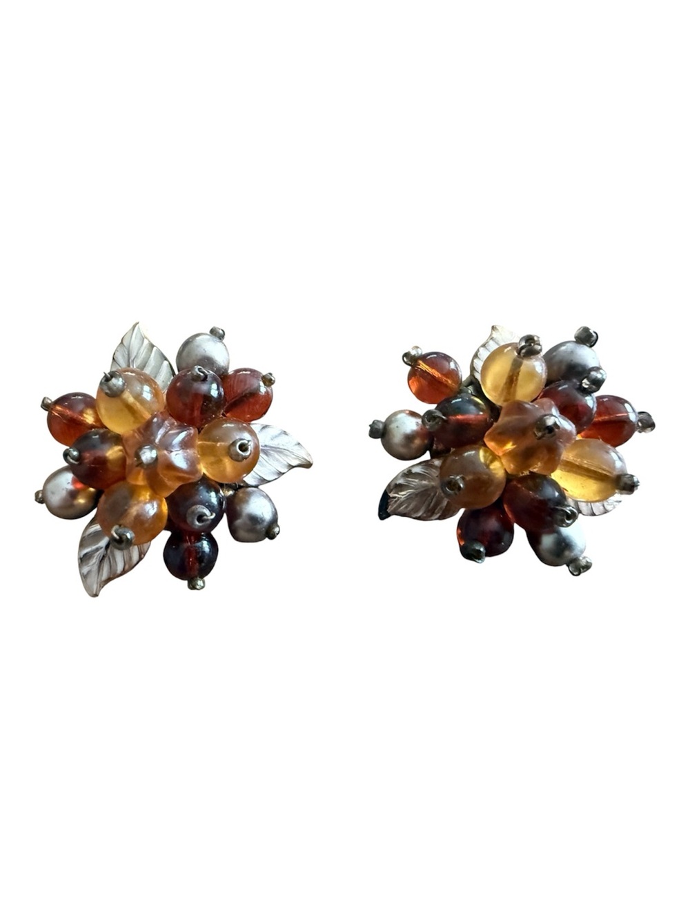 Vintage Boho Beaded Clip On Earrings in Browns w/ Silver Hardware, 1.4”